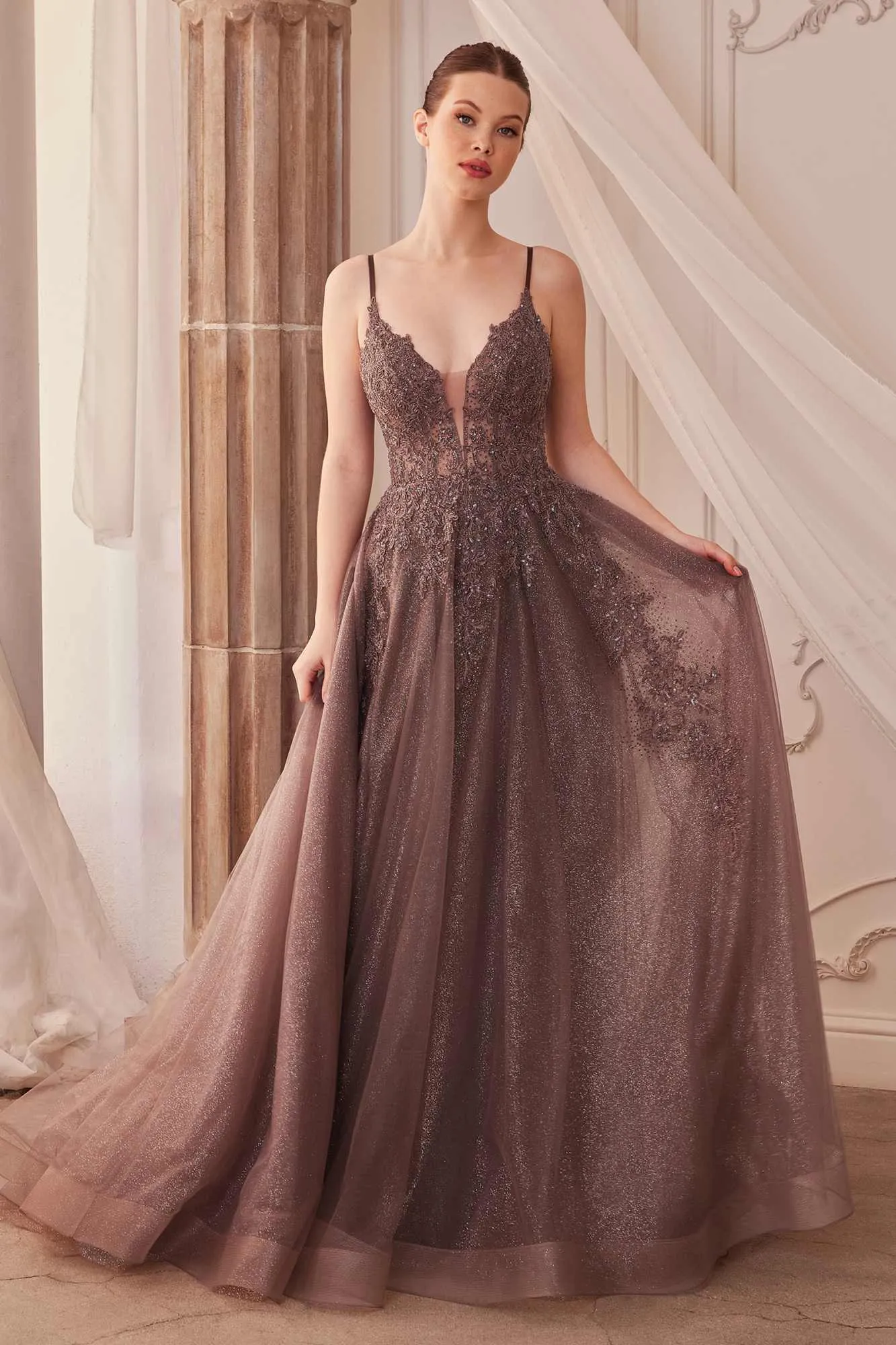 Andrea & Leo A1261 Long Lace Embellished A-Line Layered Tulle Gown