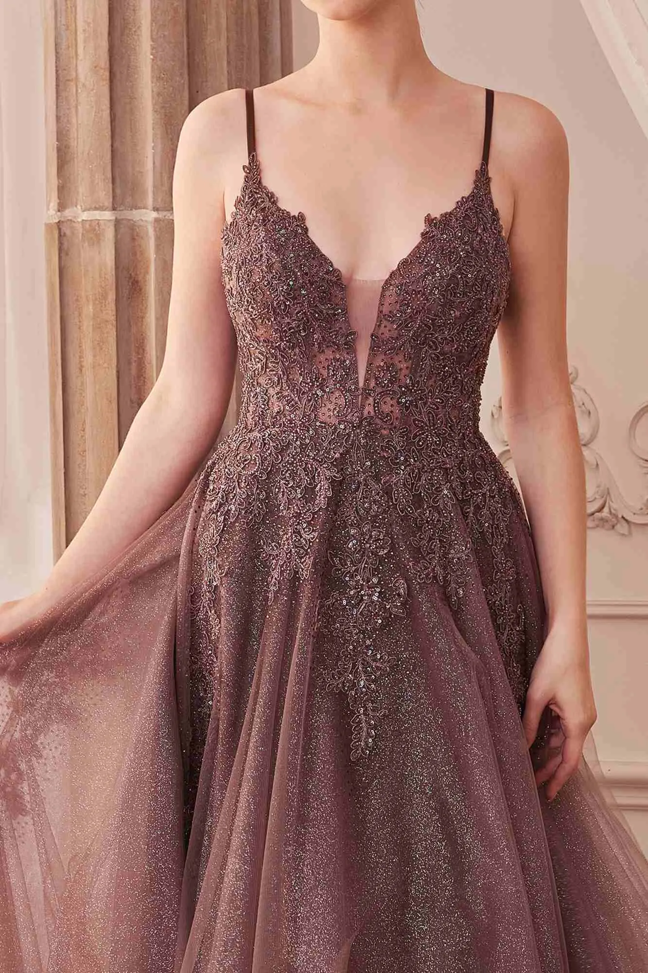 Andrea & Leo A1261 Long Lace Embellished A-Line Layered Tulle Gown