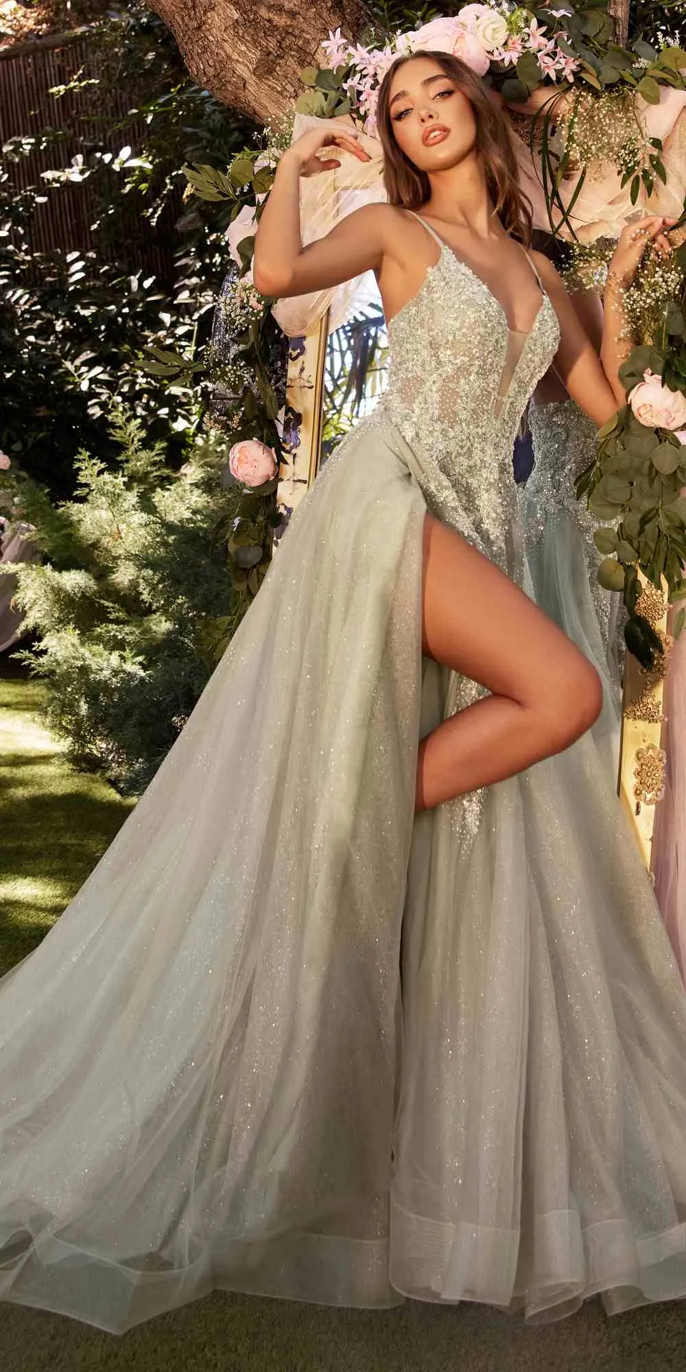 Andrea & Leo A1261 Long Lace Embellished A-Line Layered Tulle Gown
