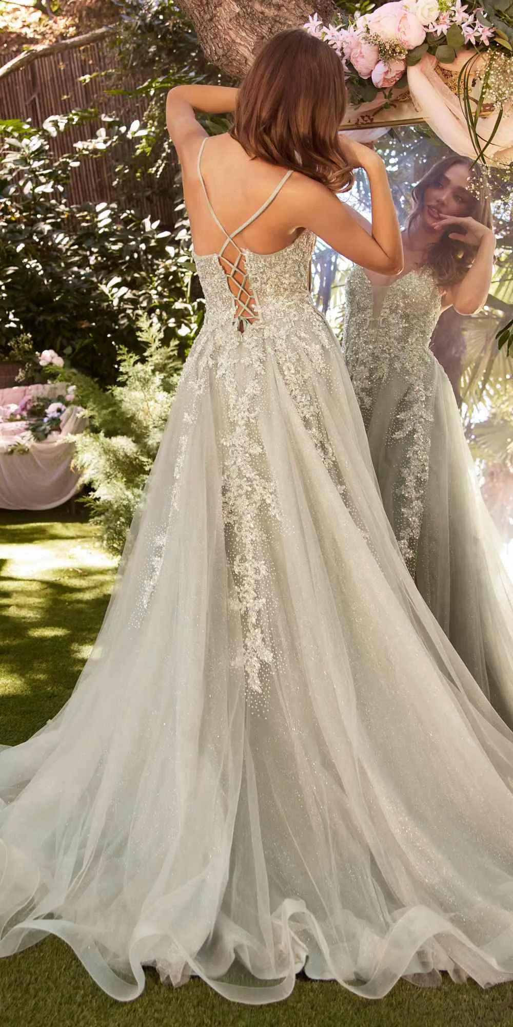 Andrea & Leo A1261 Long Lace Embellished A-Line Layered Tulle Gown