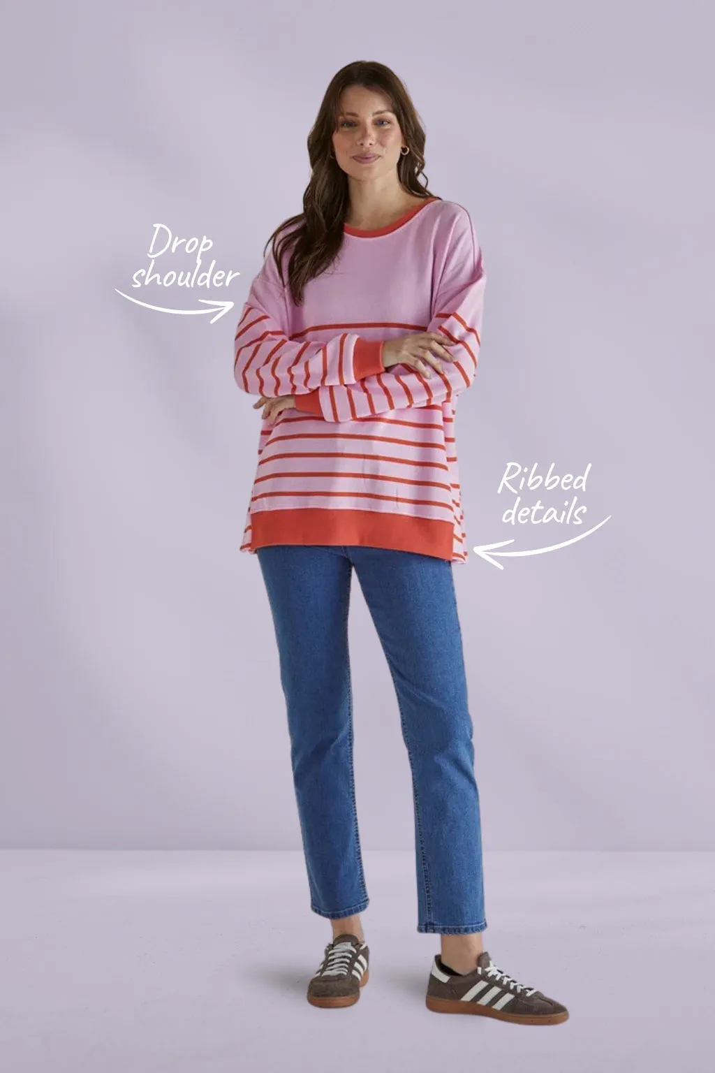 Betty Basics Easy Crew Sweat Pink Orange Stripe