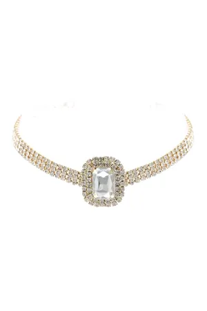 BIG RECTANGLE RHINESTONE 3 ROW CHOKER NECKLACE