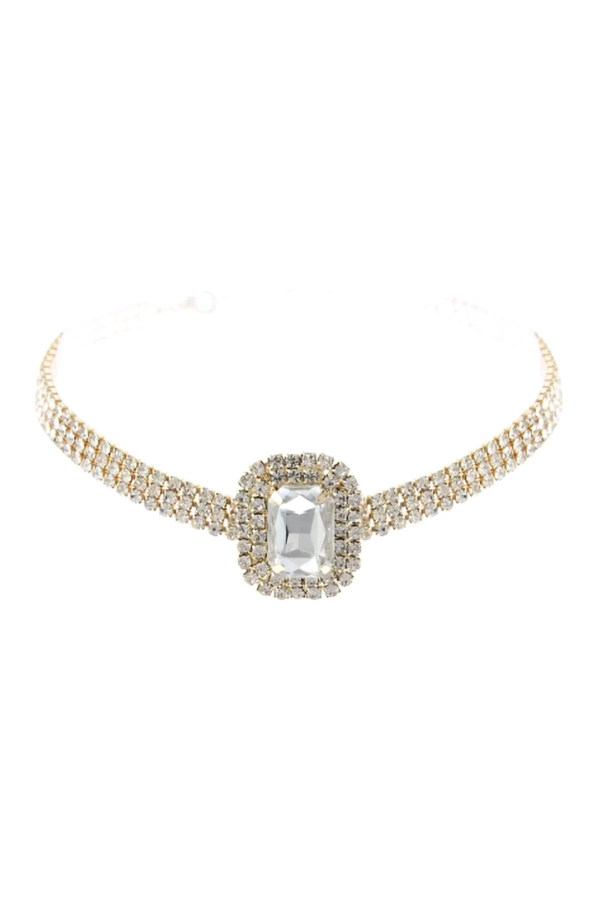 BIG RECTANGLE RHINESTONE 3 ROW CHOKER NECKLACE