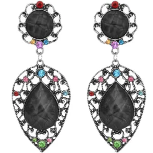 Black Teardrop Gemstone Link Post Earrings