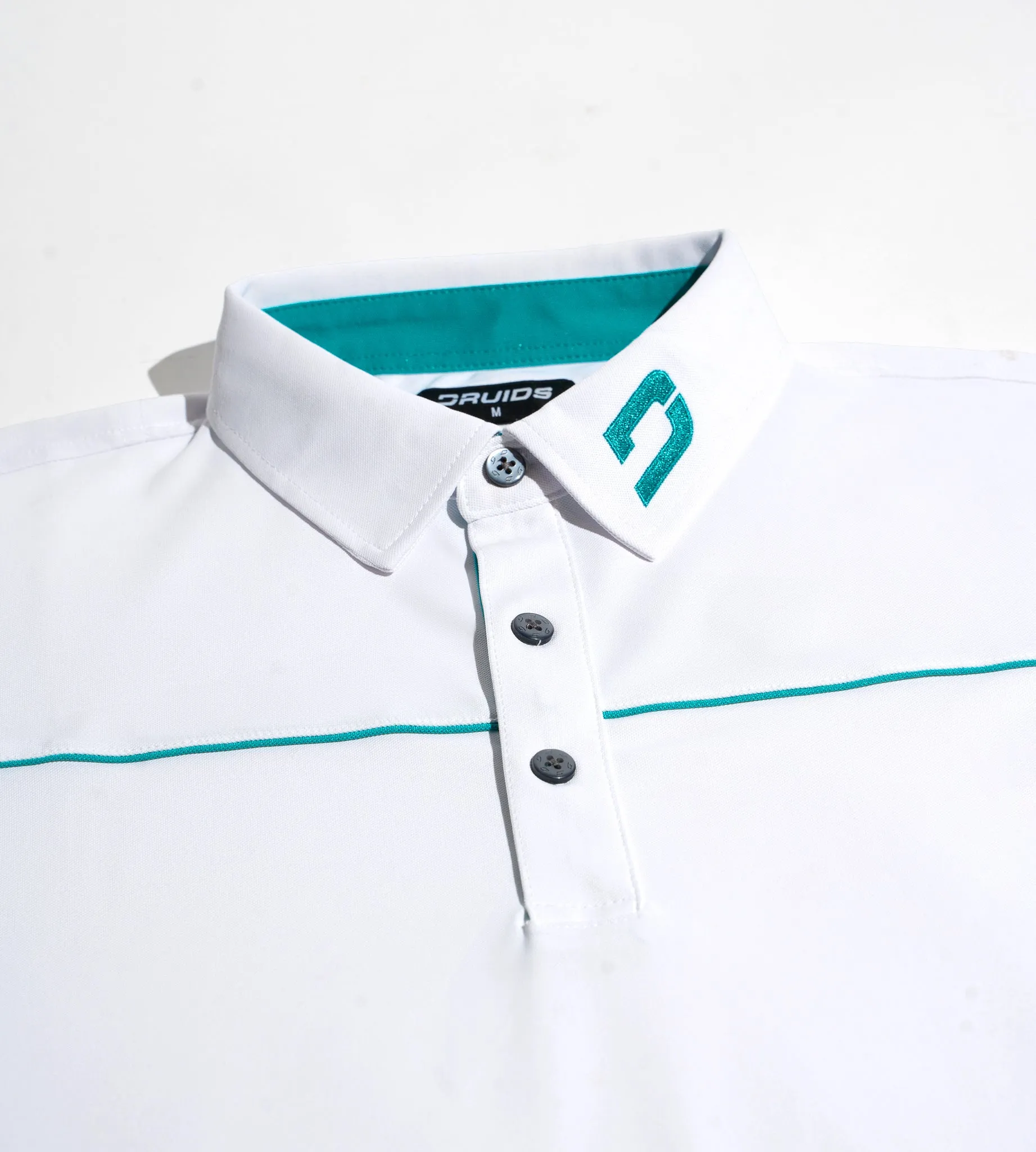 BLOCK PIQUE LONG SLEEVE POLO -  WHITE/TEAL