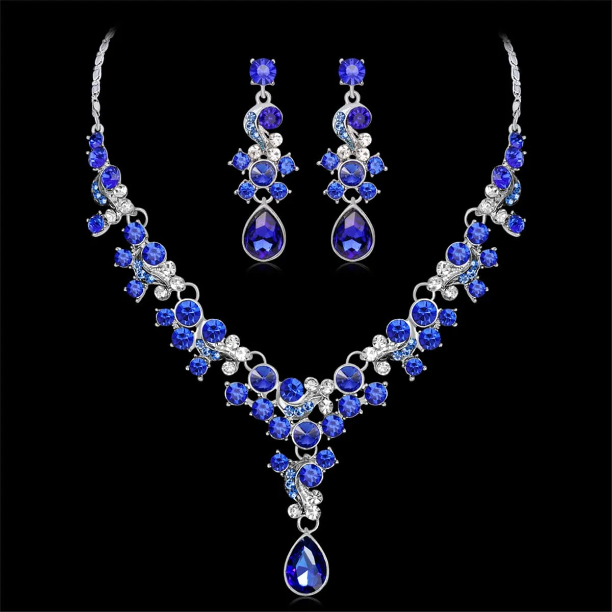Blue Crystal & Cubic Zirconia Drop Earrings & Statement Necklace