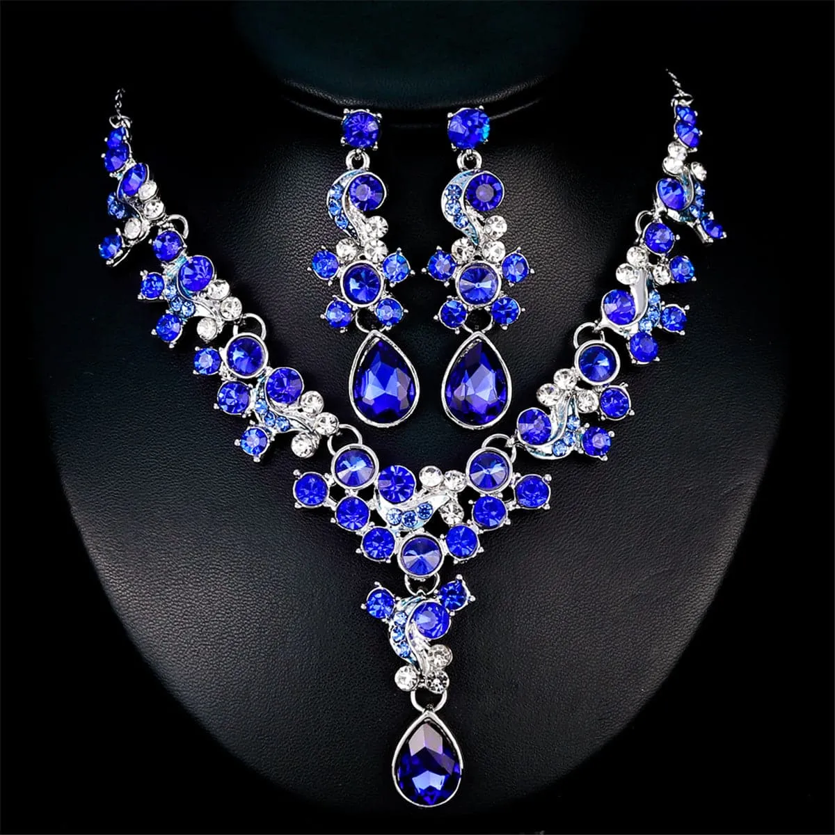Blue Crystal & Cubic Zirconia Drop Earrings & Statement Necklace