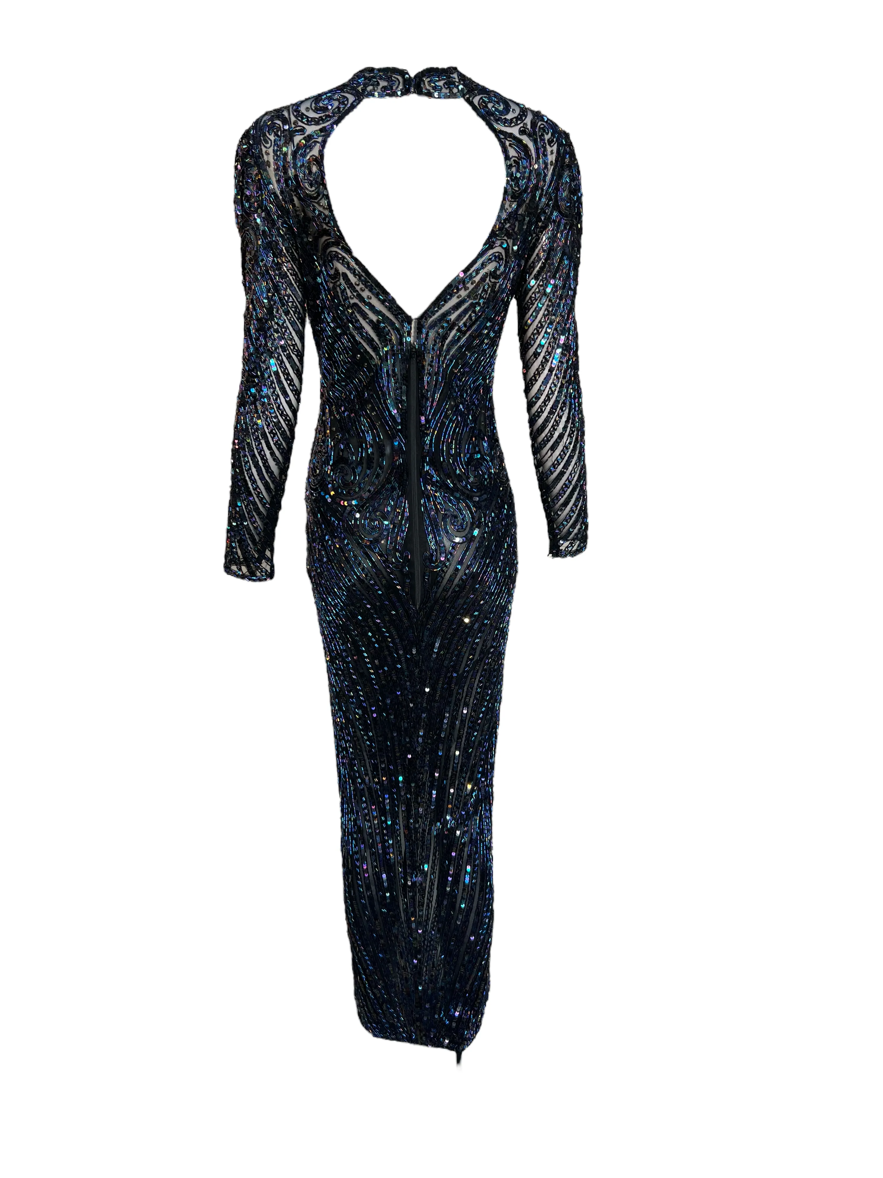 Bob Mackie 80s Midnight Blue Iridescent Bugle Bead and Sequin Gown