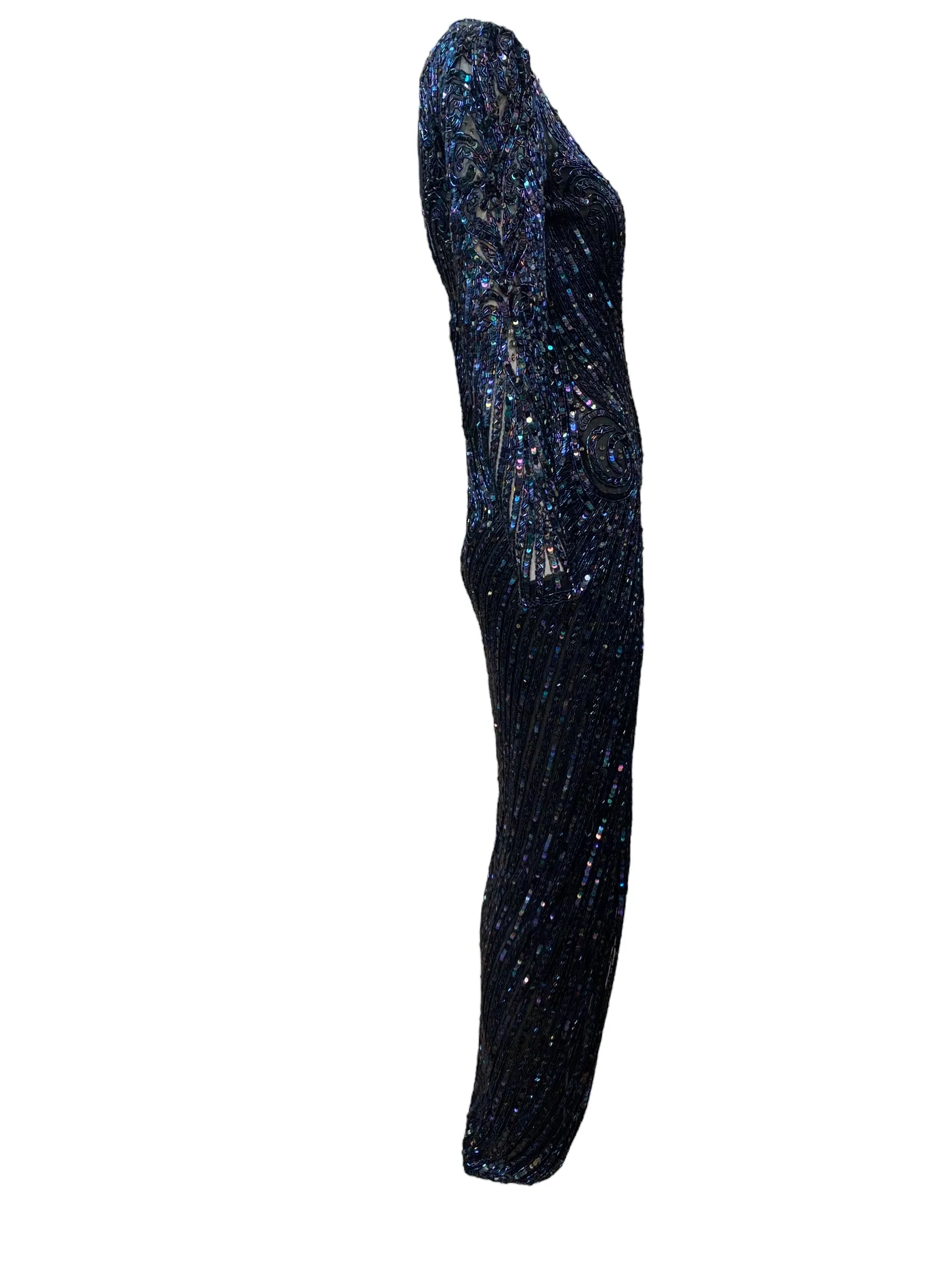 Bob Mackie 80s Midnight Blue Iridescent Bugle Bead and Sequin Gown