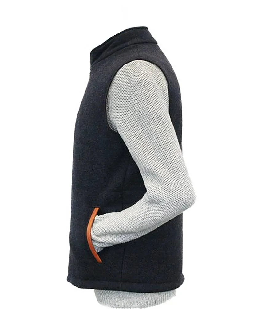 Body Warmer and Gilet Trimmed with Leather Navy Tweed