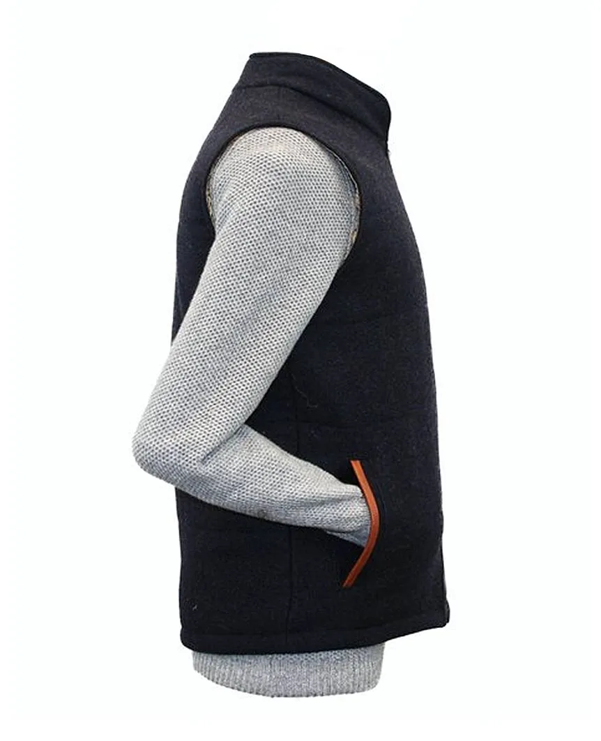 Body Warmer and Gilet Trimmed with Leather Navy Tweed