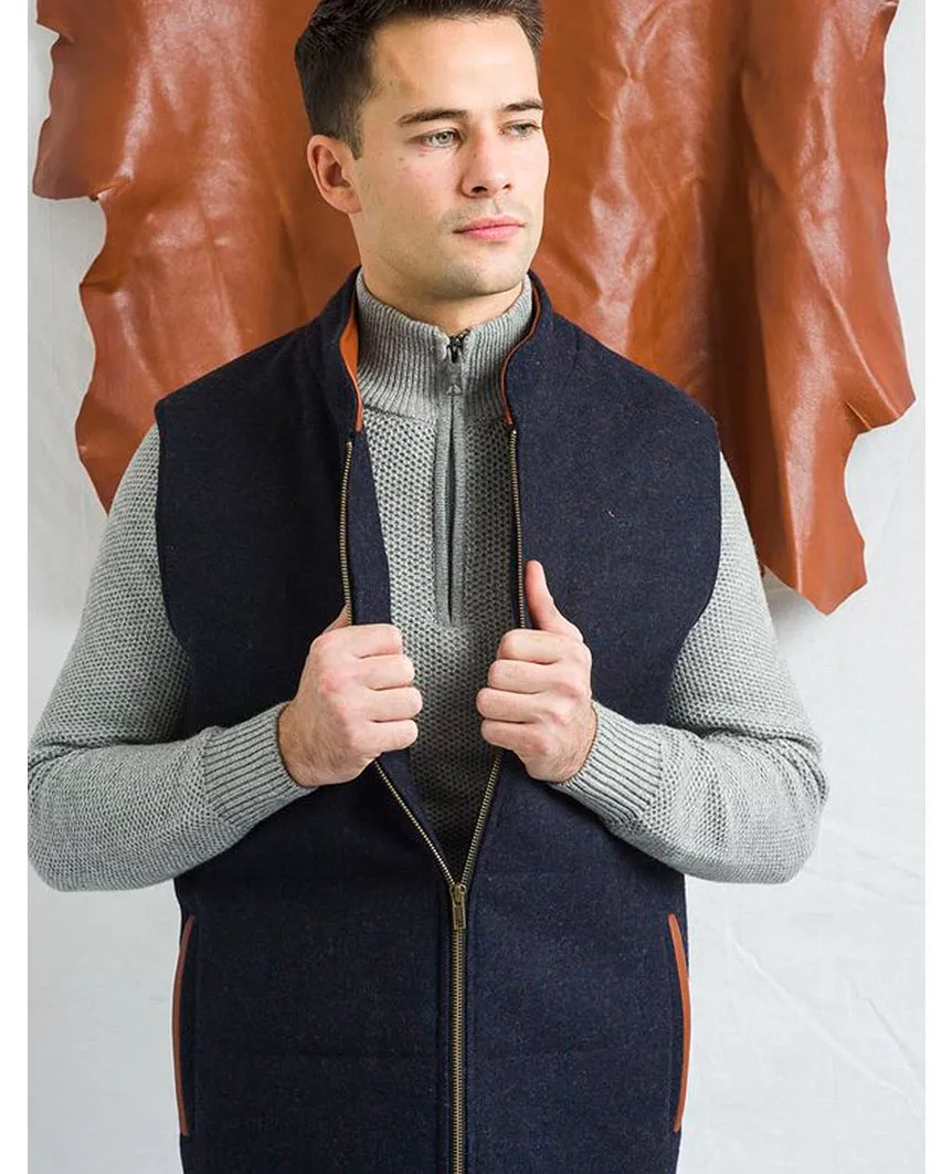 Body Warmer and Gilet Trimmed with Leather Navy Tweed
