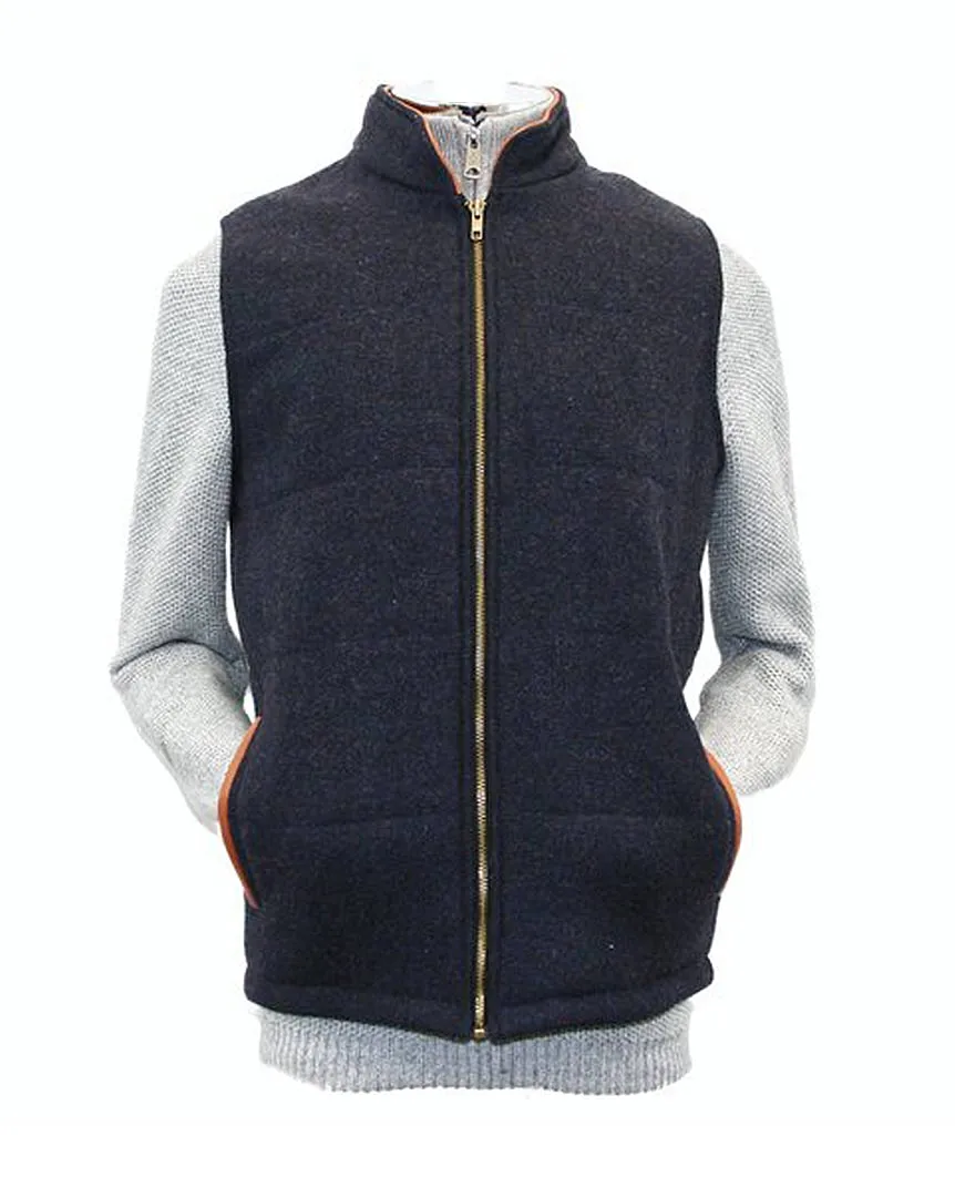 Body Warmer and Gilet Trimmed with Leather Navy Tweed