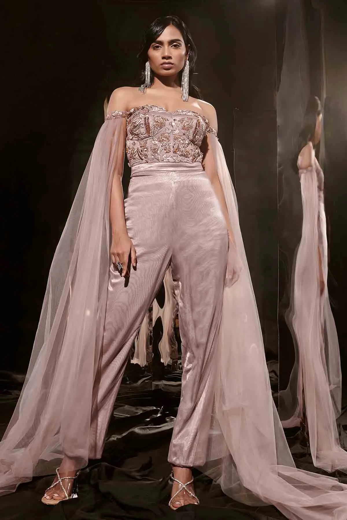 Brown Embroidered Drape Jumpsuit