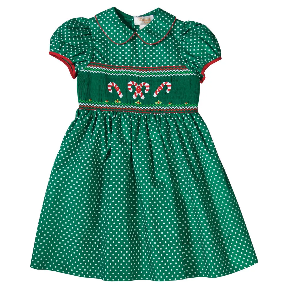 Candy Canes Green White Dotted Smocked Dress with Red Trim