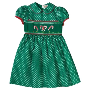Candy Canes Green White Dotted Smocked Dress with Red Trim