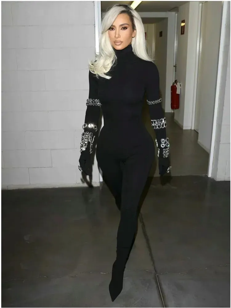 Celebrity Red Carpet Jumpsuit Women Long Sleeve Sexy Big Crystal Bodycon Bandage Jumpsuit Nightclub Party Celebrate Wear