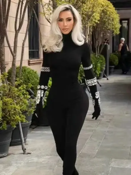 Celebrity Red Carpet Jumpsuit Women Long Sleeve Sexy Big Crystal Bodycon Bandage Jumpsuit Nightclub Party Celebrate Wear