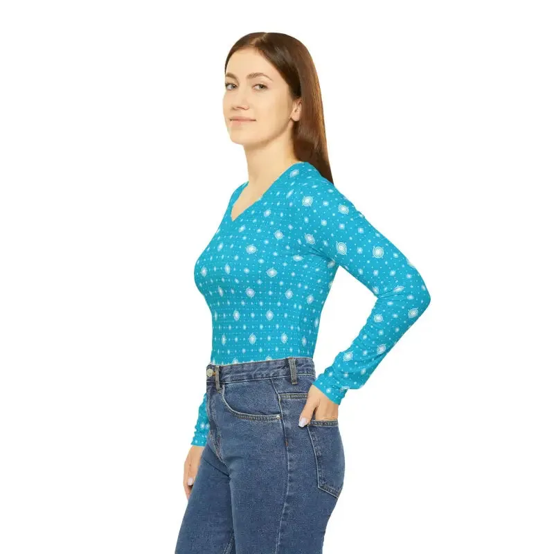 Chic Blue with Pattern Womens Long Sleeve v Neck Tee