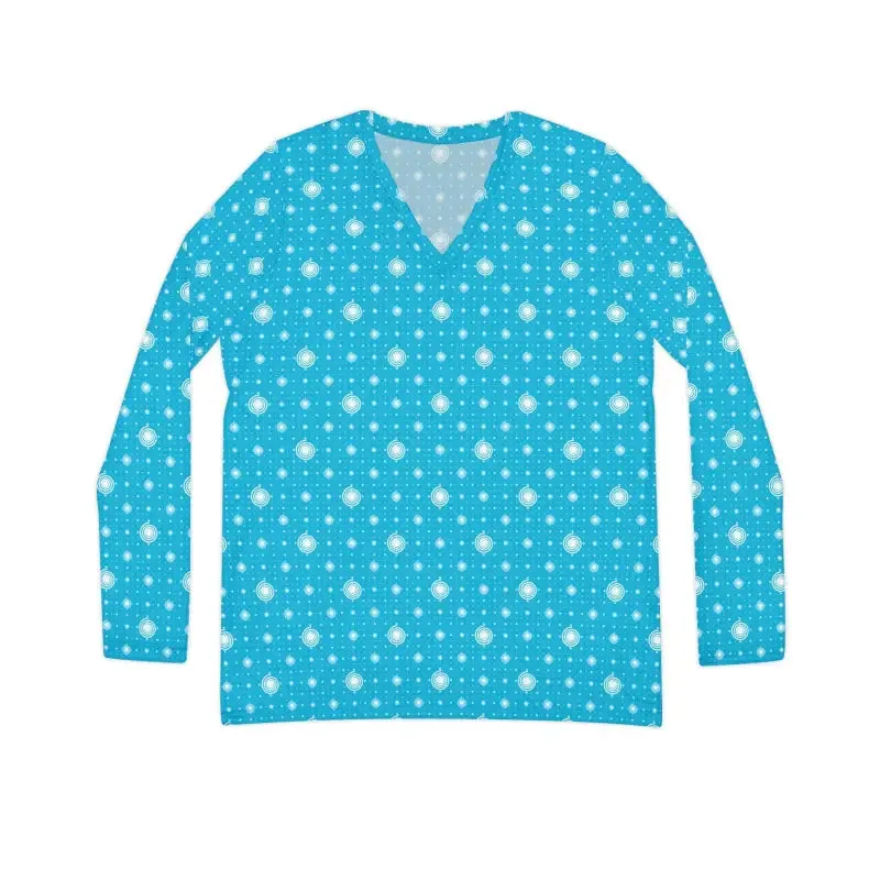 Chic Blue with Pattern Womens Long Sleeve v Neck Tee