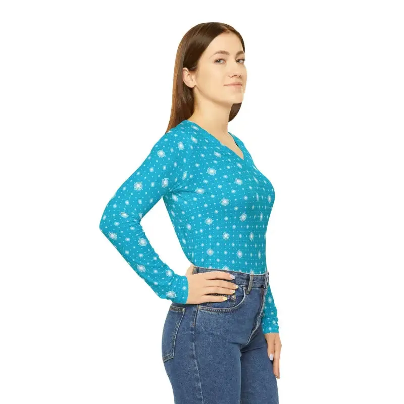 Chic Blue with Pattern Womens Long Sleeve v Neck Tee