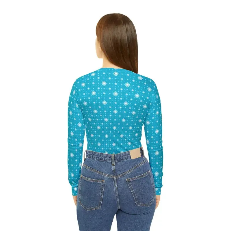 Chic Blue with Pattern Womens Long Sleeve v Neck Tee