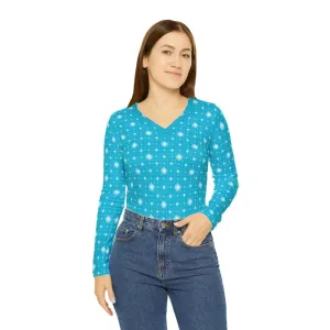 Chic Blue with Pattern Womens Long Sleeve v Neck Tee