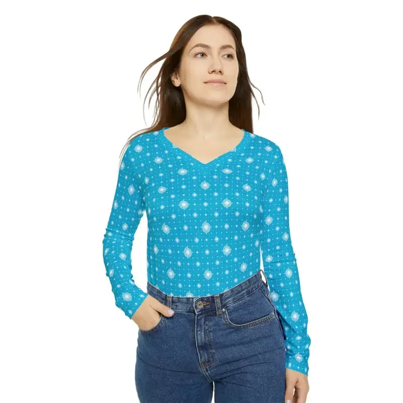 Chic Blue with Pattern Womens Long Sleeve v Neck Tee