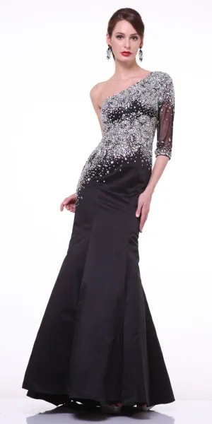 Cinderella Divine 8789 Mermaid Dress One Shoulder Sleeve Embellished Sheer Bodice