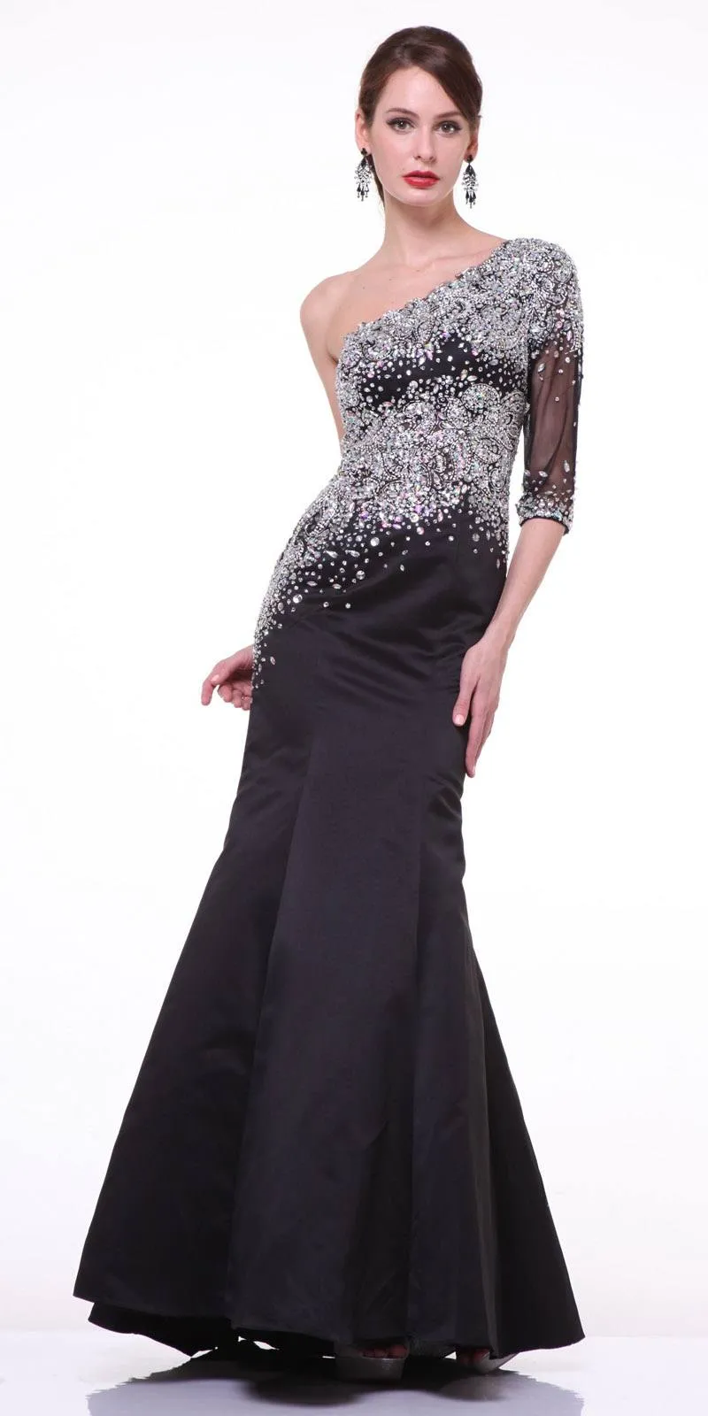 Cinderella Divine 8789 Mermaid Dress One Shoulder Sleeve Embellished Sheer Bodice