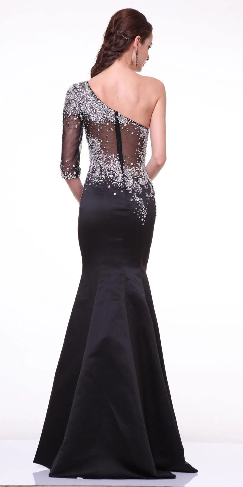 Cinderella Divine 8789 Mermaid Dress One Shoulder Sleeve Embellished Sheer Bodice