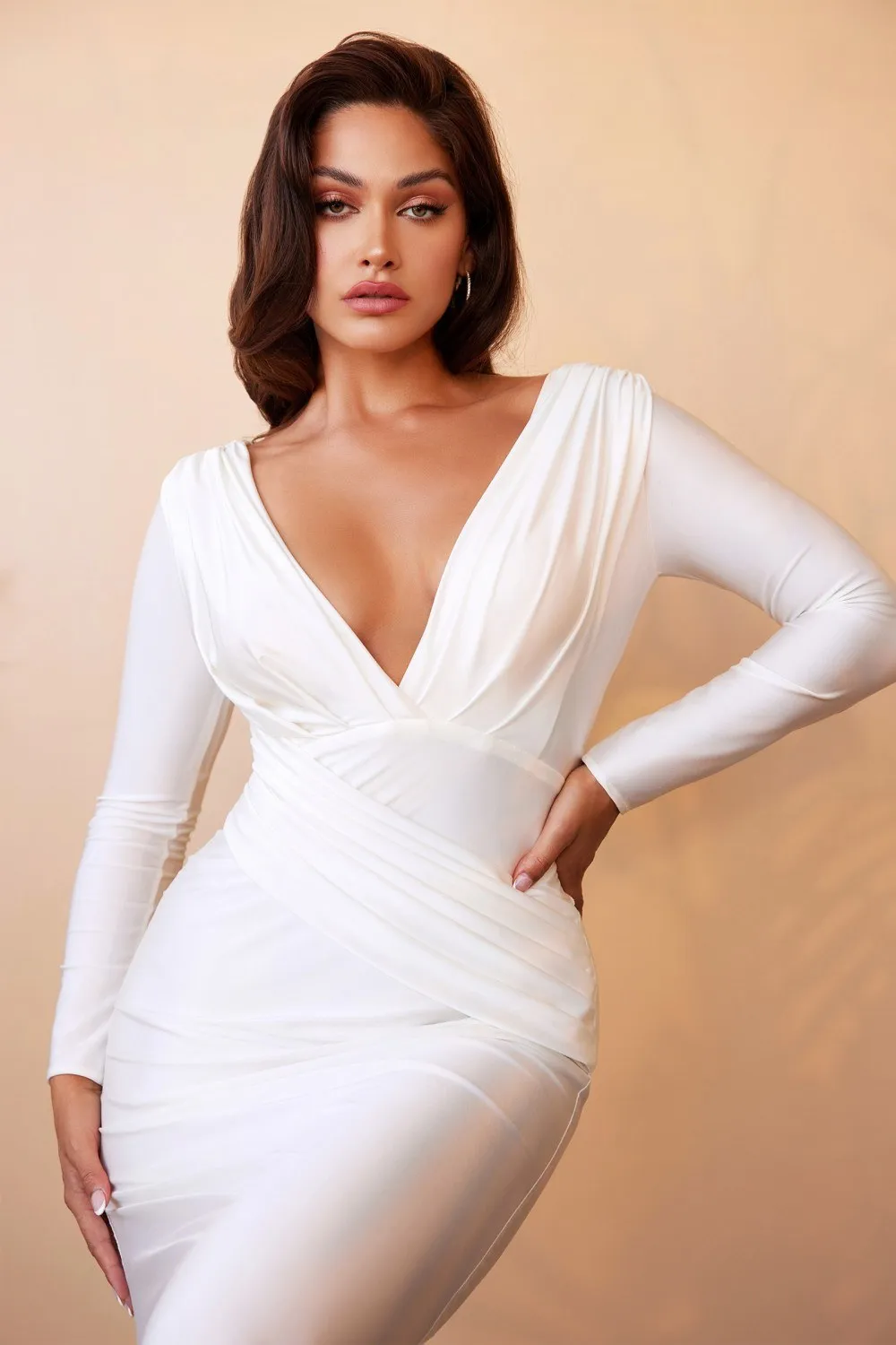 Cinderella Divine CD0169 Floor Length Fitted Stretch Satin Dress Long Sleeve