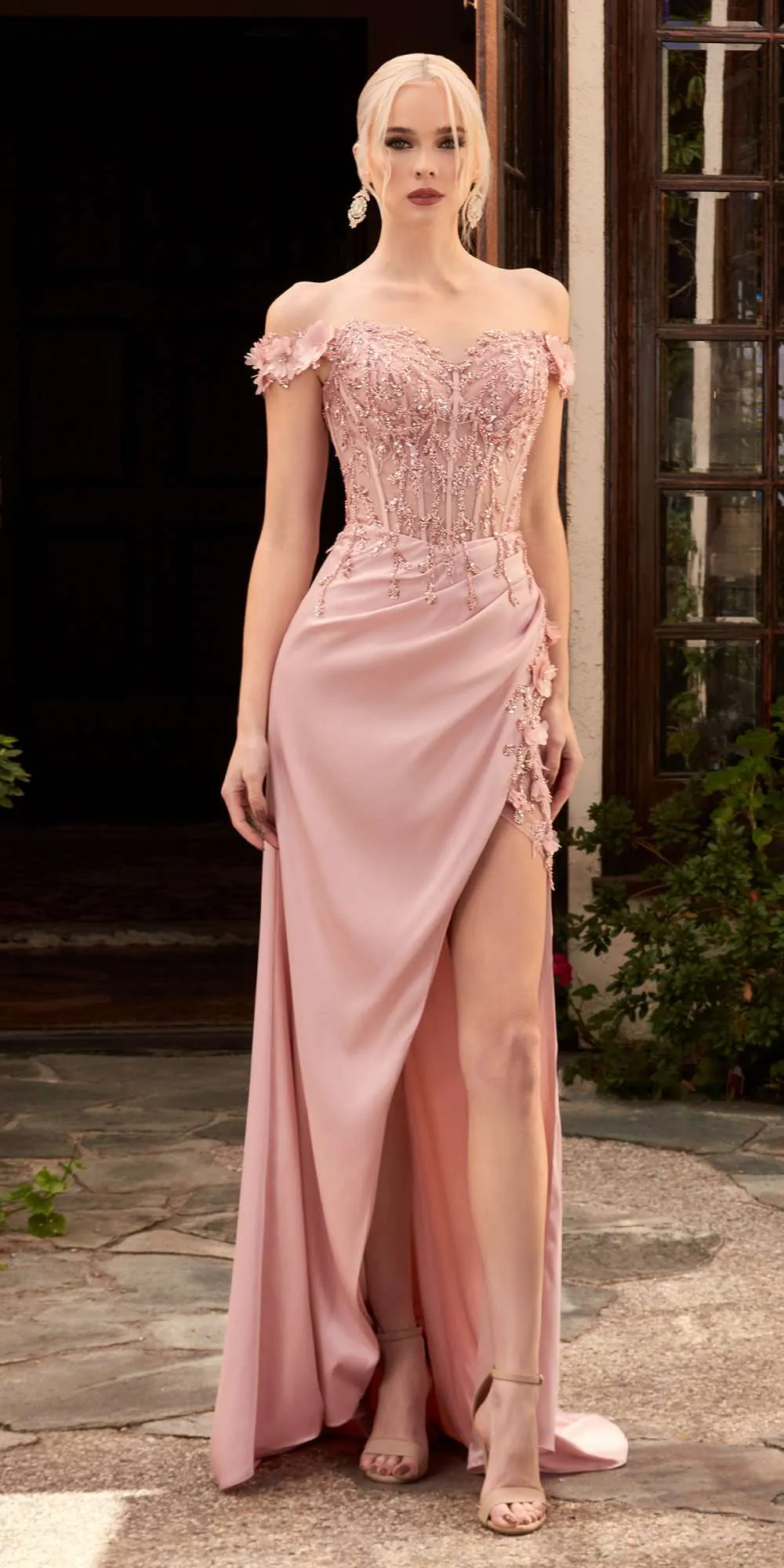 Cinderella Divine CD0186 Long Floral Off the Shoulder Gown with Slit