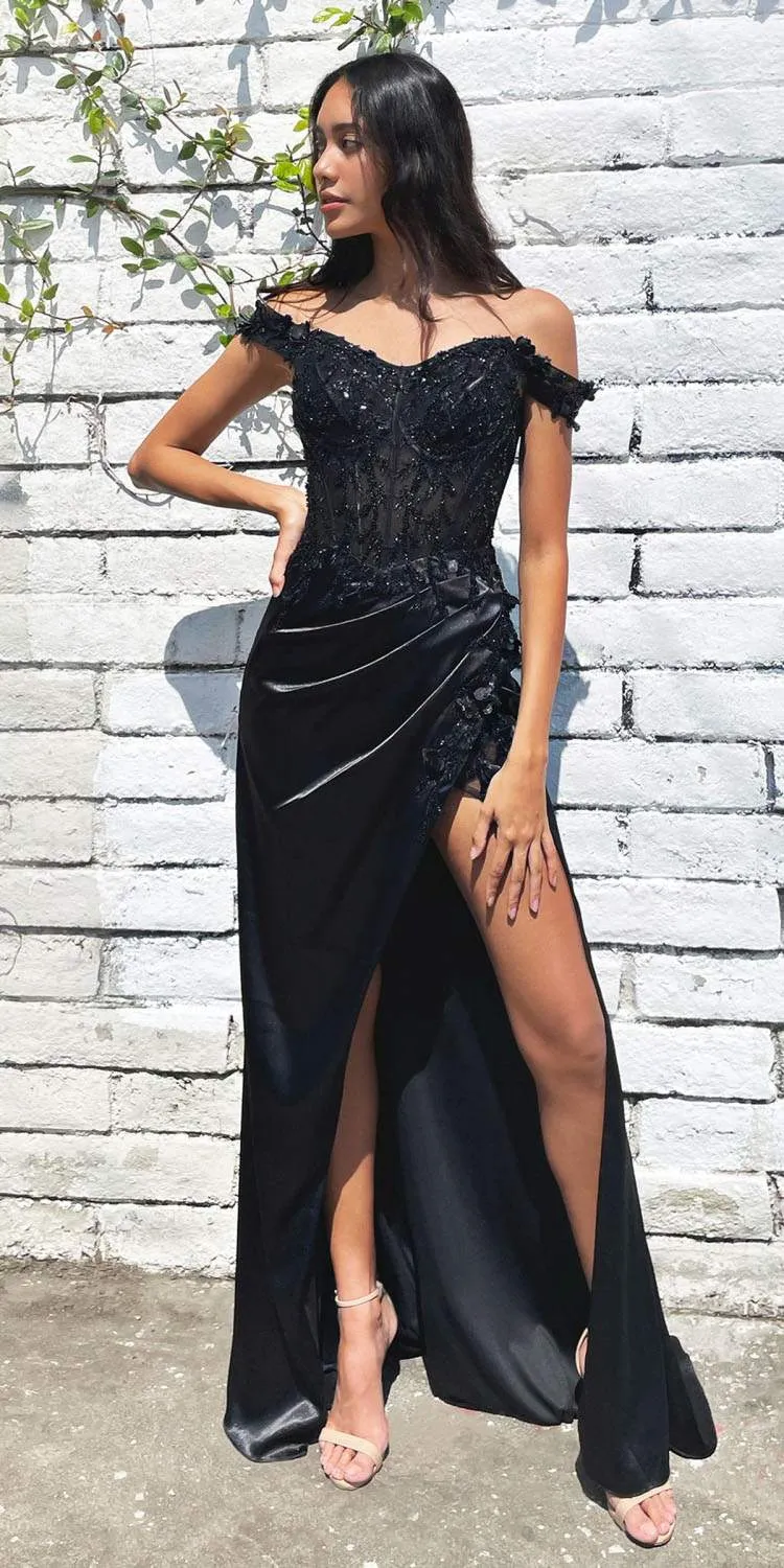 Cinderella Divine CD0186 Long Floral Off the Shoulder Gown with Slit
