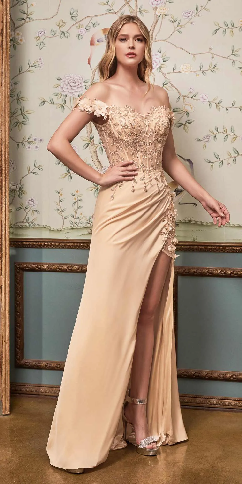 Cinderella Divine CD0186 Long Floral Off the Shoulder Gown with Slit