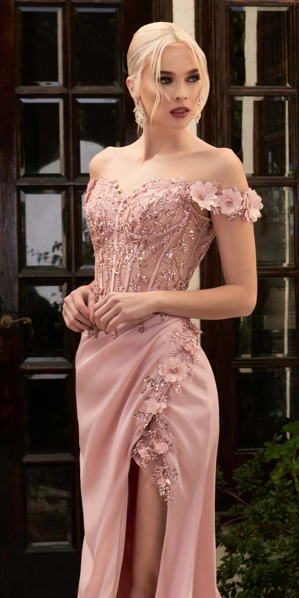 Cinderella Divine CD0186 Long Floral Off the Shoulder Gown with Slit