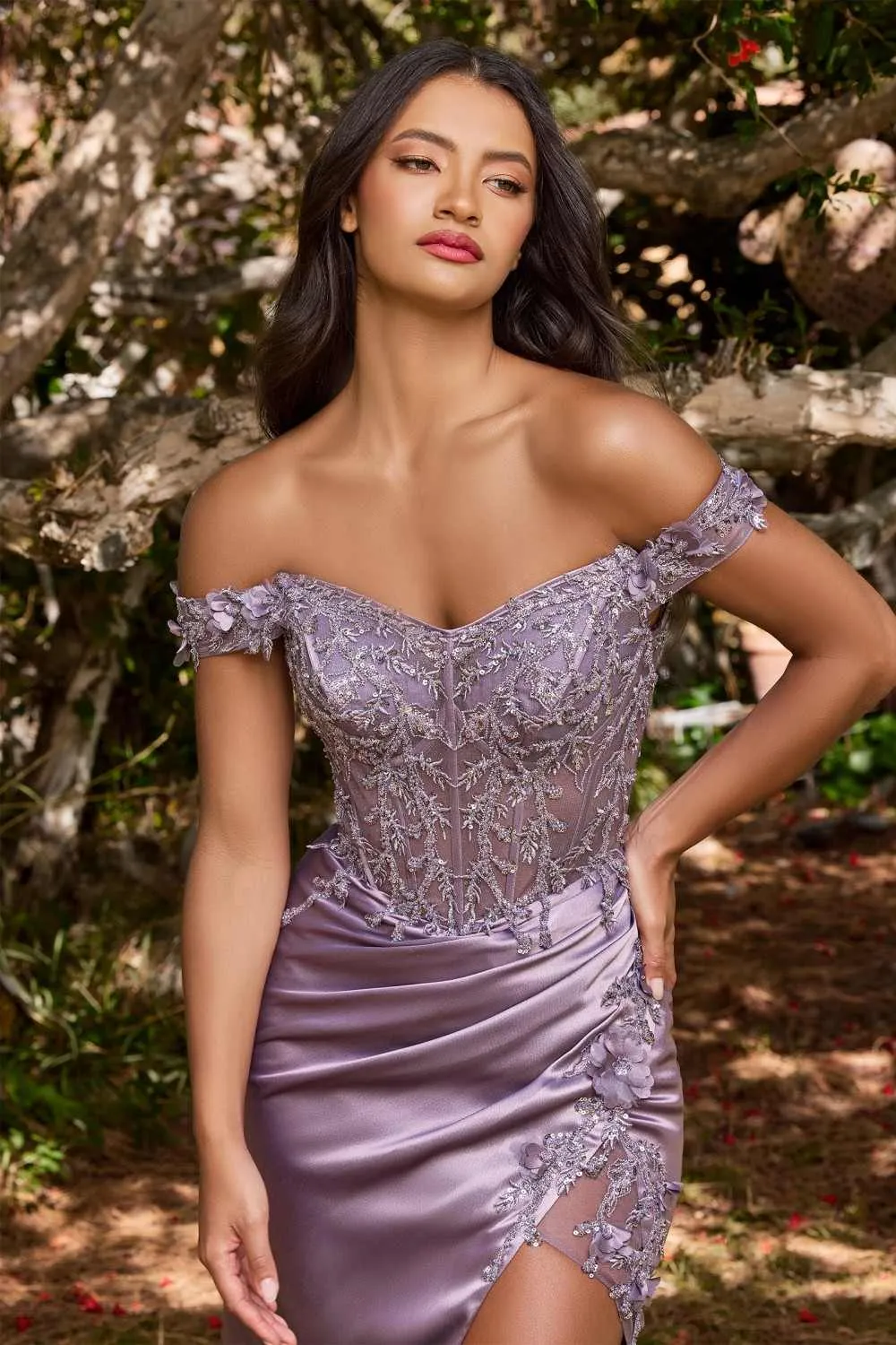 Cinderella Divine CD0186 Long Floral Off the Shoulder Gown with Slit