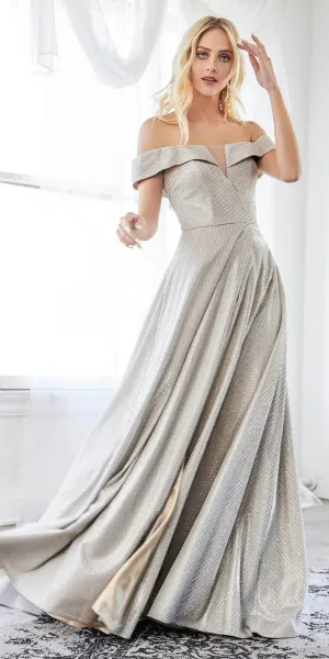 Cinderella Divine CD162 Off The Shoulder A-Line Dress Metallic Finish Leg Slit