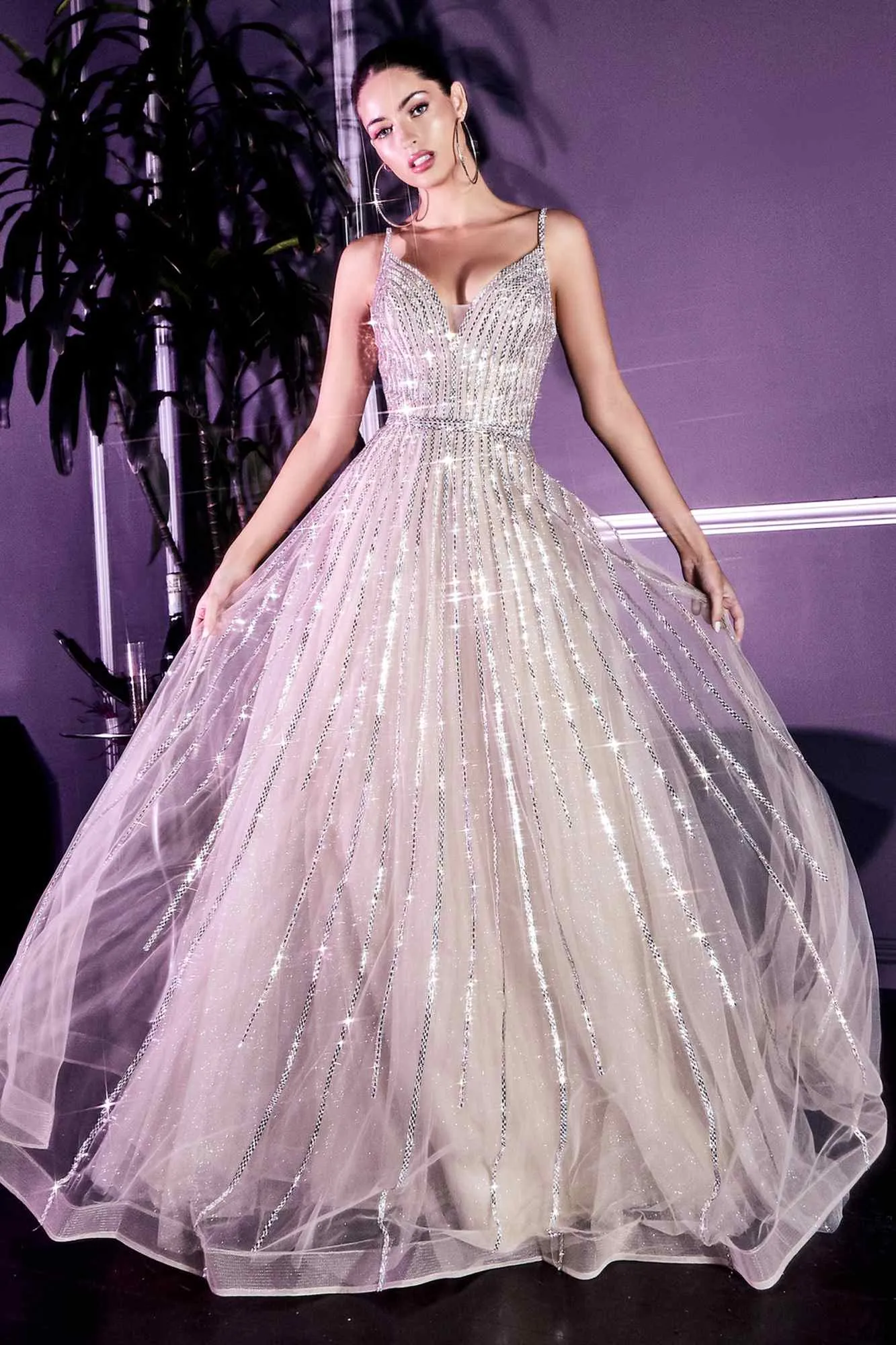 Cinderella Divine CD940 Stunning A-Line Ball Gown Glitter Tulle Long V-back