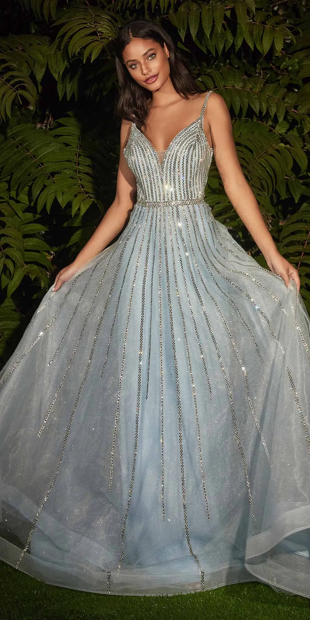 Cinderella Divine CD940 Stunning A-Line Ball Gown Glitter Tulle Long V-back