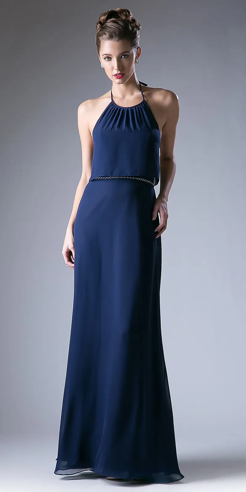 Cinderella Divine CH523 Embellished Waist Halter Dress Open Back