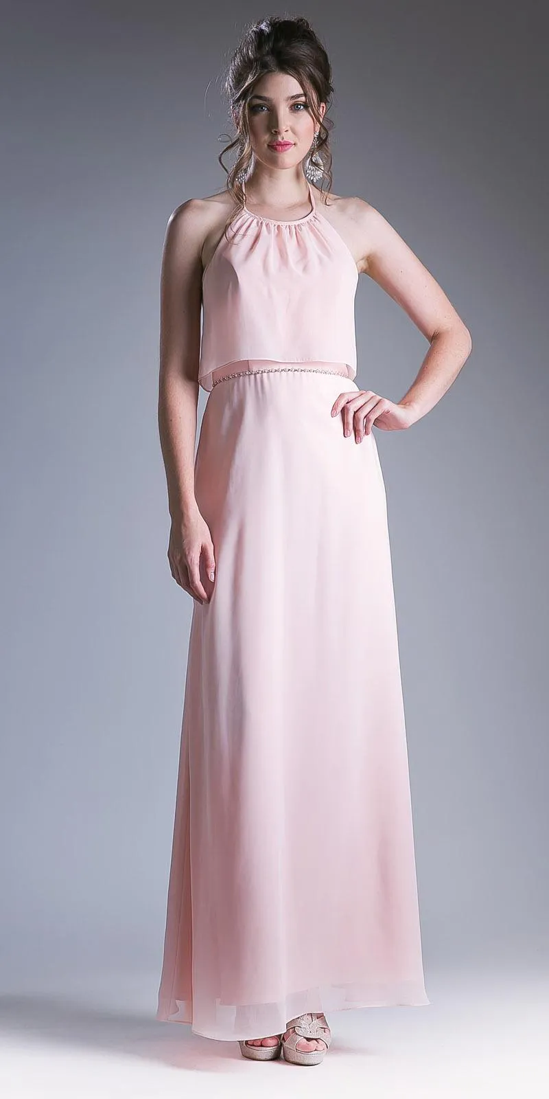 Cinderella Divine CH523 Embellished Waist Halter Dress Open Back