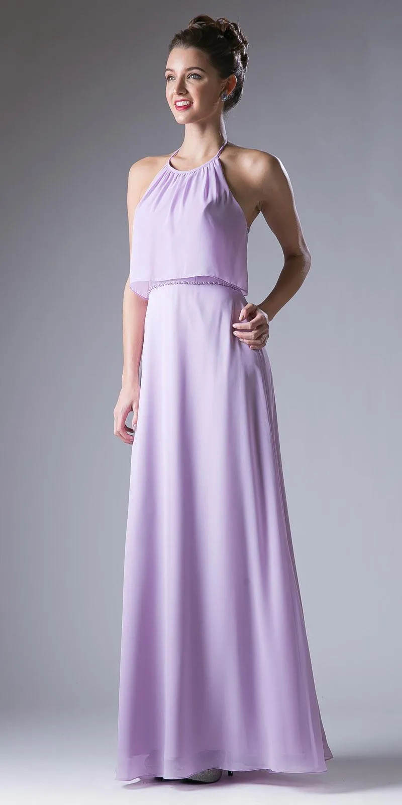 Cinderella Divine CH523 Embellished Waist Halter Dress Open Back
