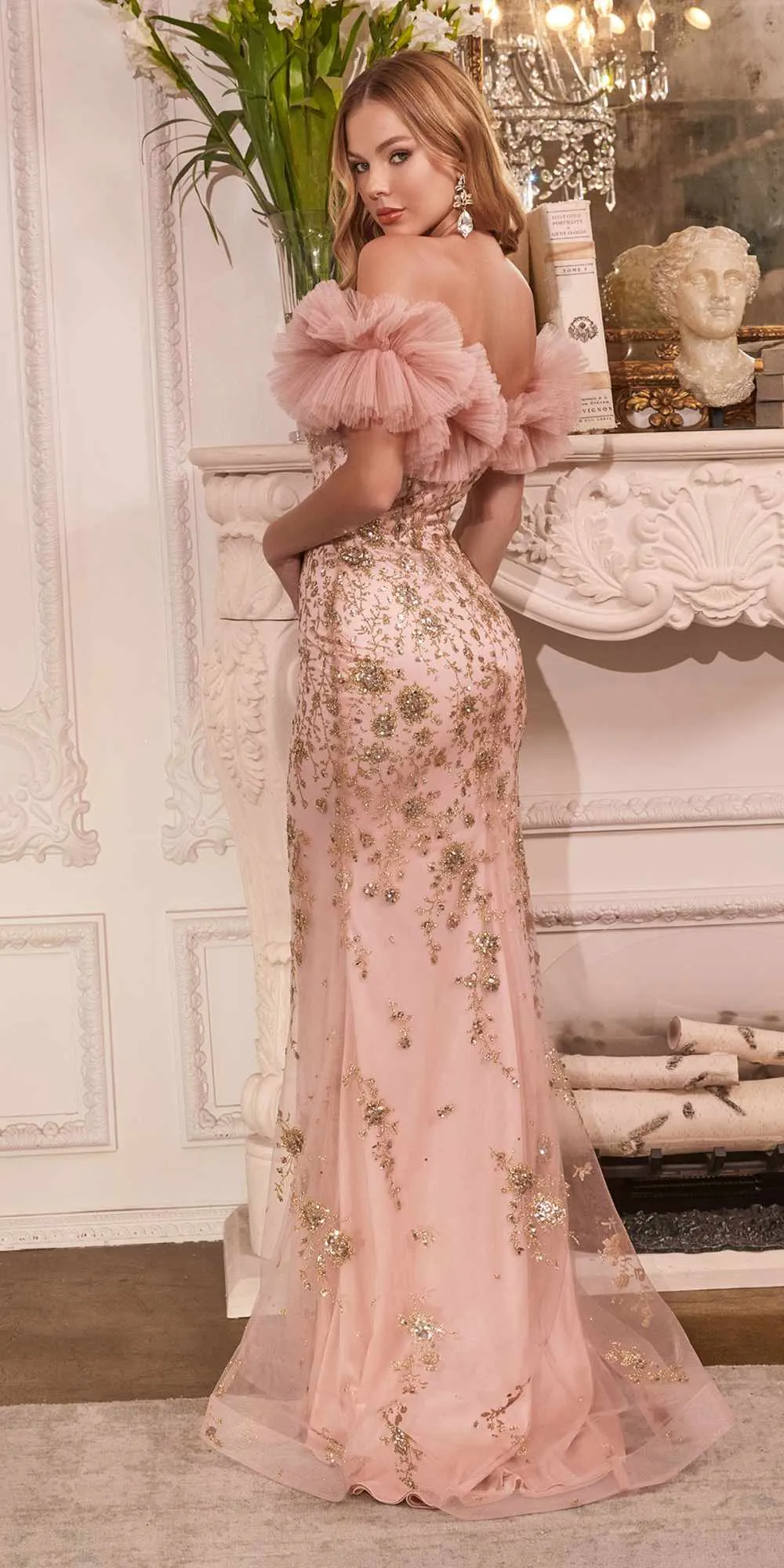 Cinderella Divine J818 Gathered Tulle Off the Shoulder Fitted Gown