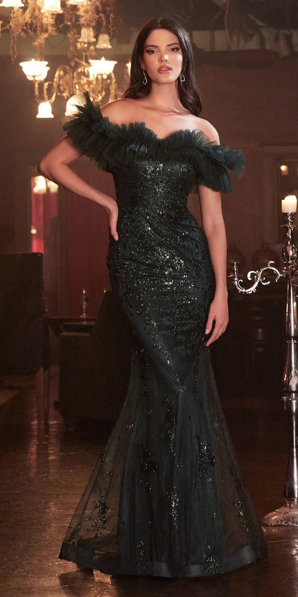 Cinderella Divine J818 Gathered Tulle Off the Shoulder Fitted Gown