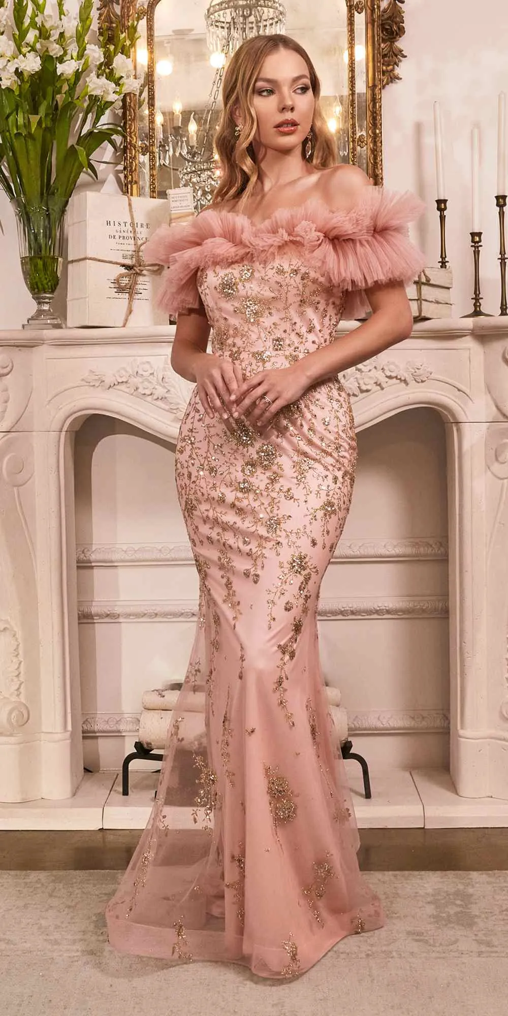 Cinderella Divine J818 Gathered Tulle Off the Shoulder Fitted Gown