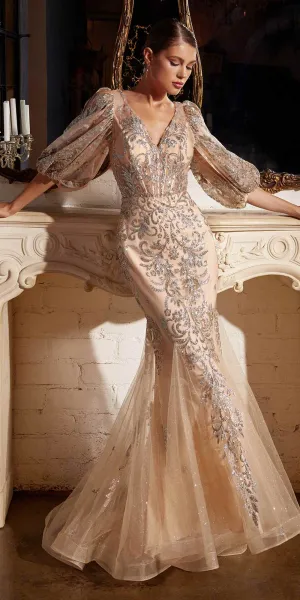 Cinderella Divine OC009 Mermaid Glitter Print Gown With Sleeves