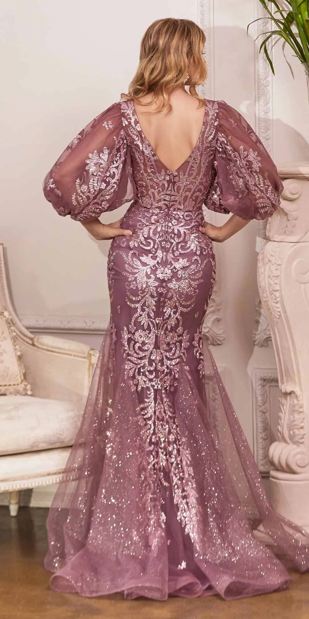 Cinderella Divine OC009 Mermaid Glitter Print Gown With Sleeves