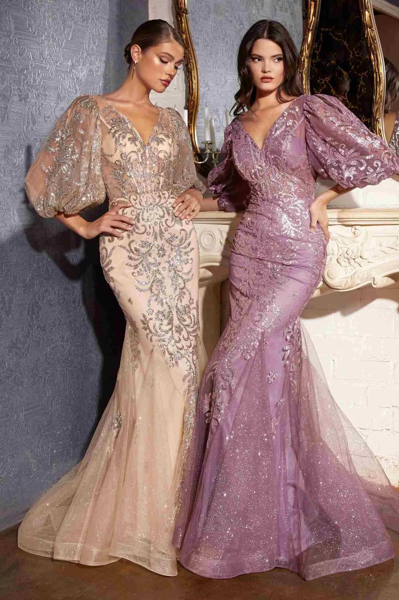 Cinderella Divine OC009 Mermaid Glitter Print Gown With Sleeves