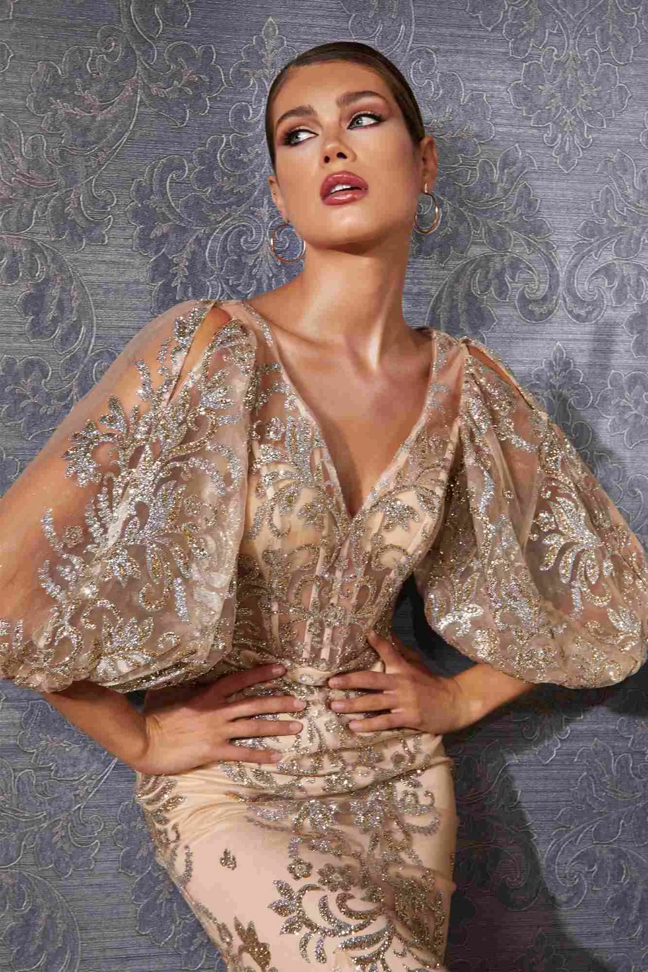 Cinderella Divine OC009 Mermaid Glitter Print Gown With Sleeves